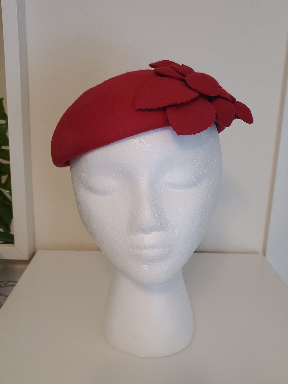 1940s Style Felt Wool Cranberry Retro Flower Vintage Repro Hat Topper Cap Pinup